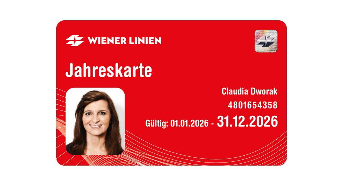 This is what the Wiener Linien annual pass looks like in 2026: the holder's name, the card number and the validity period are printed on the front.