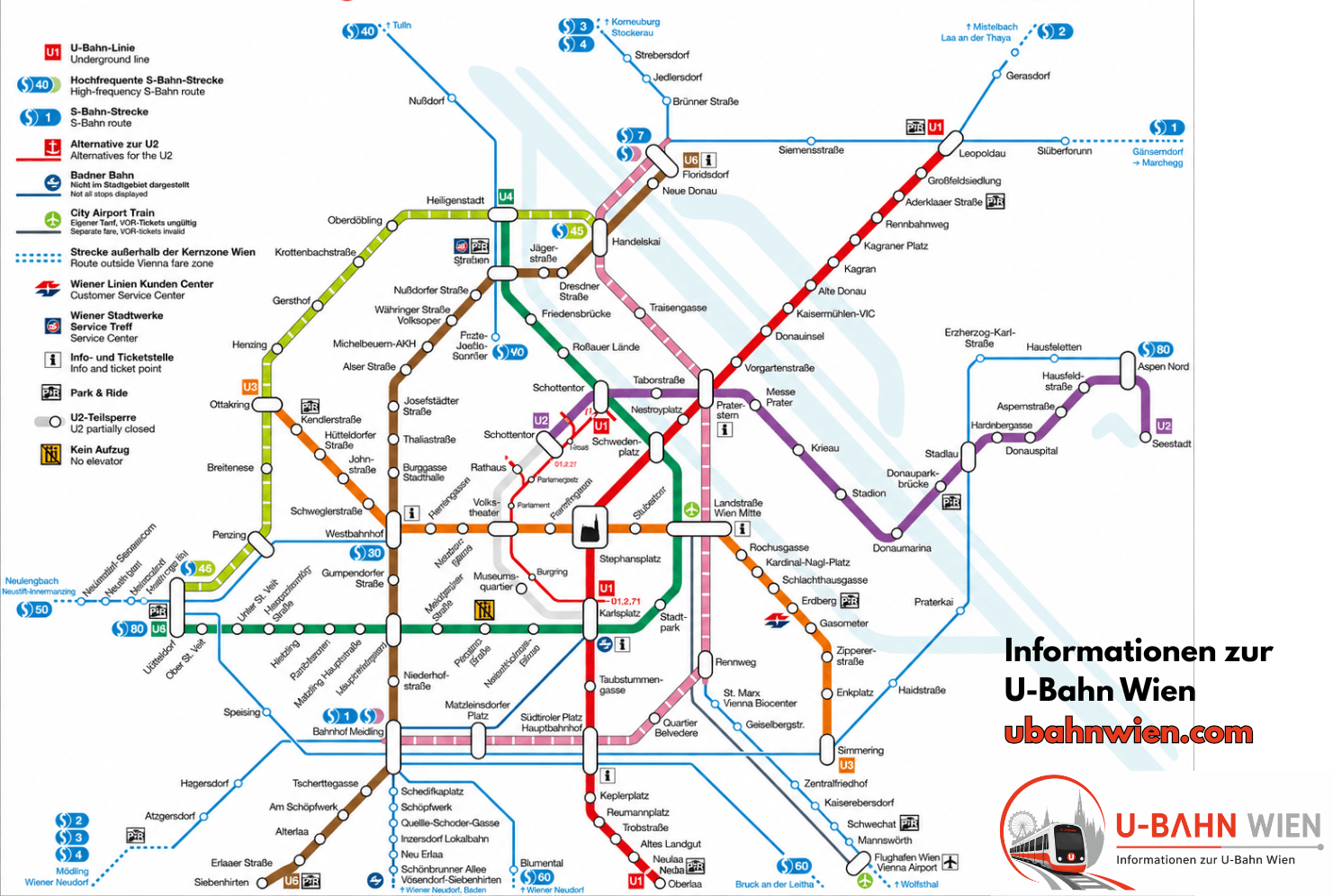 Vienna U-Bahn map — the 5 metro lines U1, U2, U3, U4 and U6 with all stations